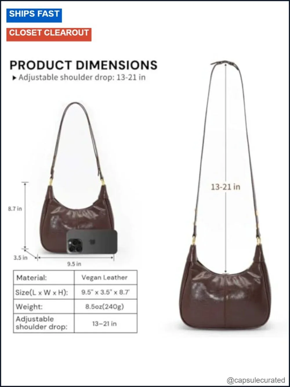 Women's Crescent Hobo Shoulder Bag Vegan Leather Adjustable Strap Zip
